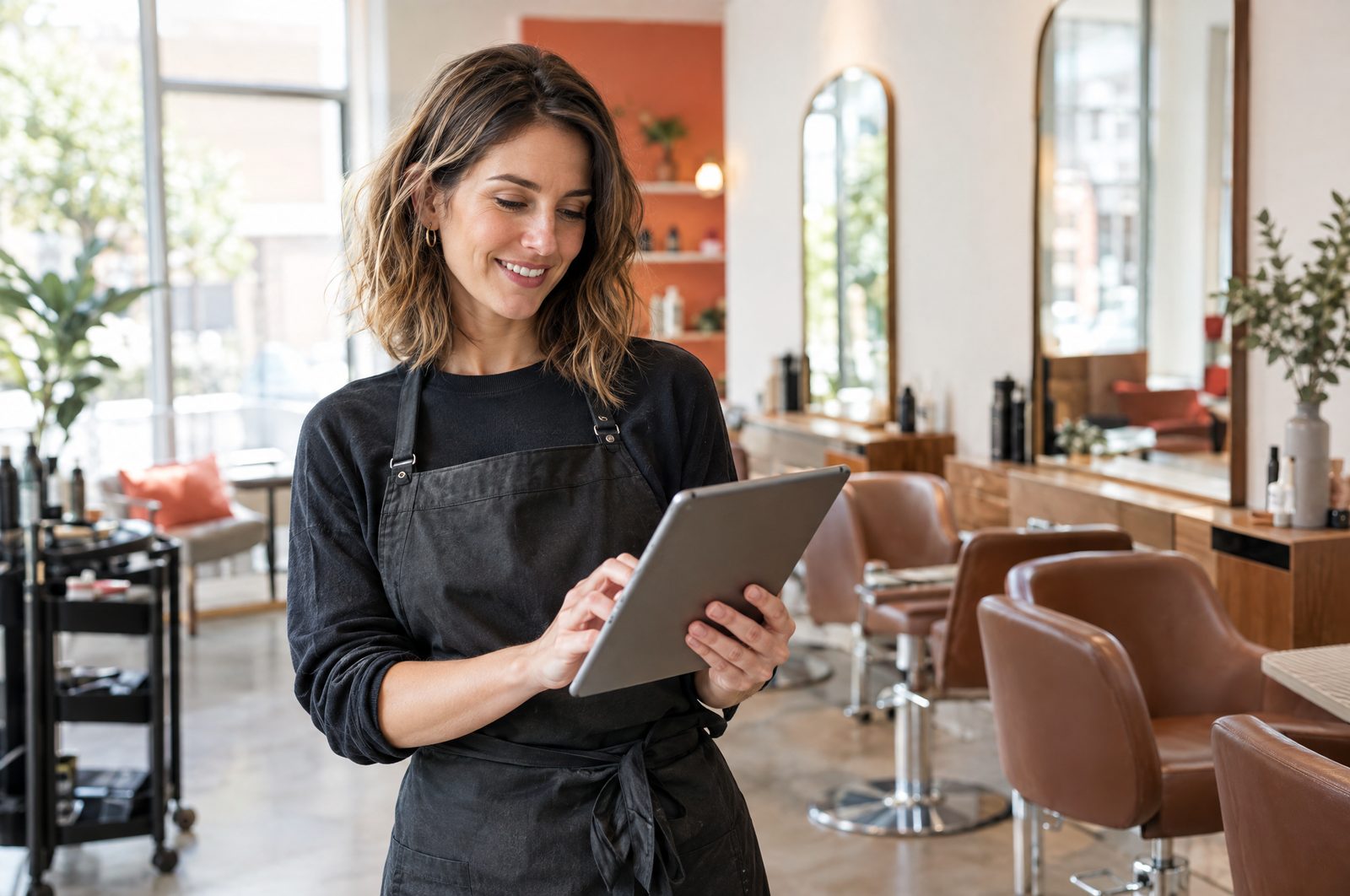 Friseurin mit Tablet im Salon